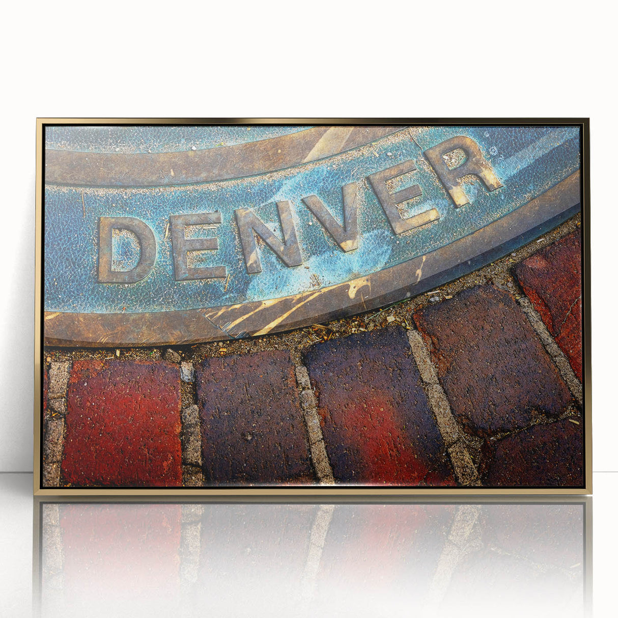 Large art print of Denver skyline in gold and blue tones on framed acrylic, ideal for modern art wall decor.
