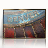 Large art print of Denver skyline in gold and blue tones on framed acrylic, ideal for modern art wall decor.