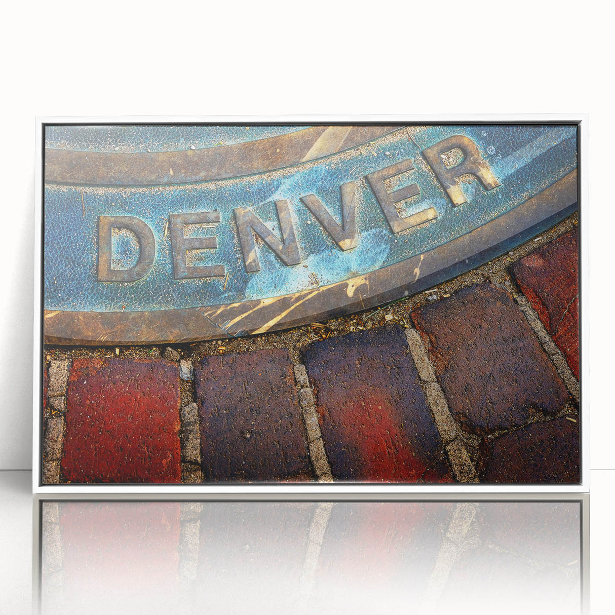 Acrylic print of Denver skyline in art deco style with muted blue and white tones, ideal for modern art wall decor.