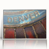 Acrylic print of Denver skyline in art deco style with muted blue and white tones, ideal for modern art wall decor.