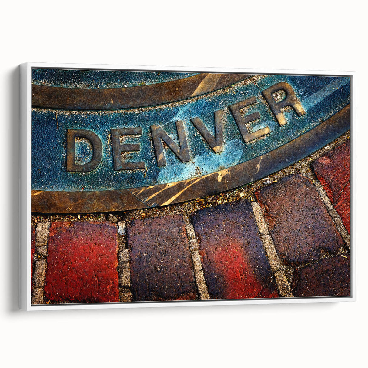 Vintage poster art of Denver skyline in vibrant colors on a framed canvas, ideal for living room decor.