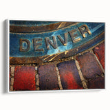 Vintage poster art of Denver skyline in vibrant colors on a framed canvas, ideal for living room decor.