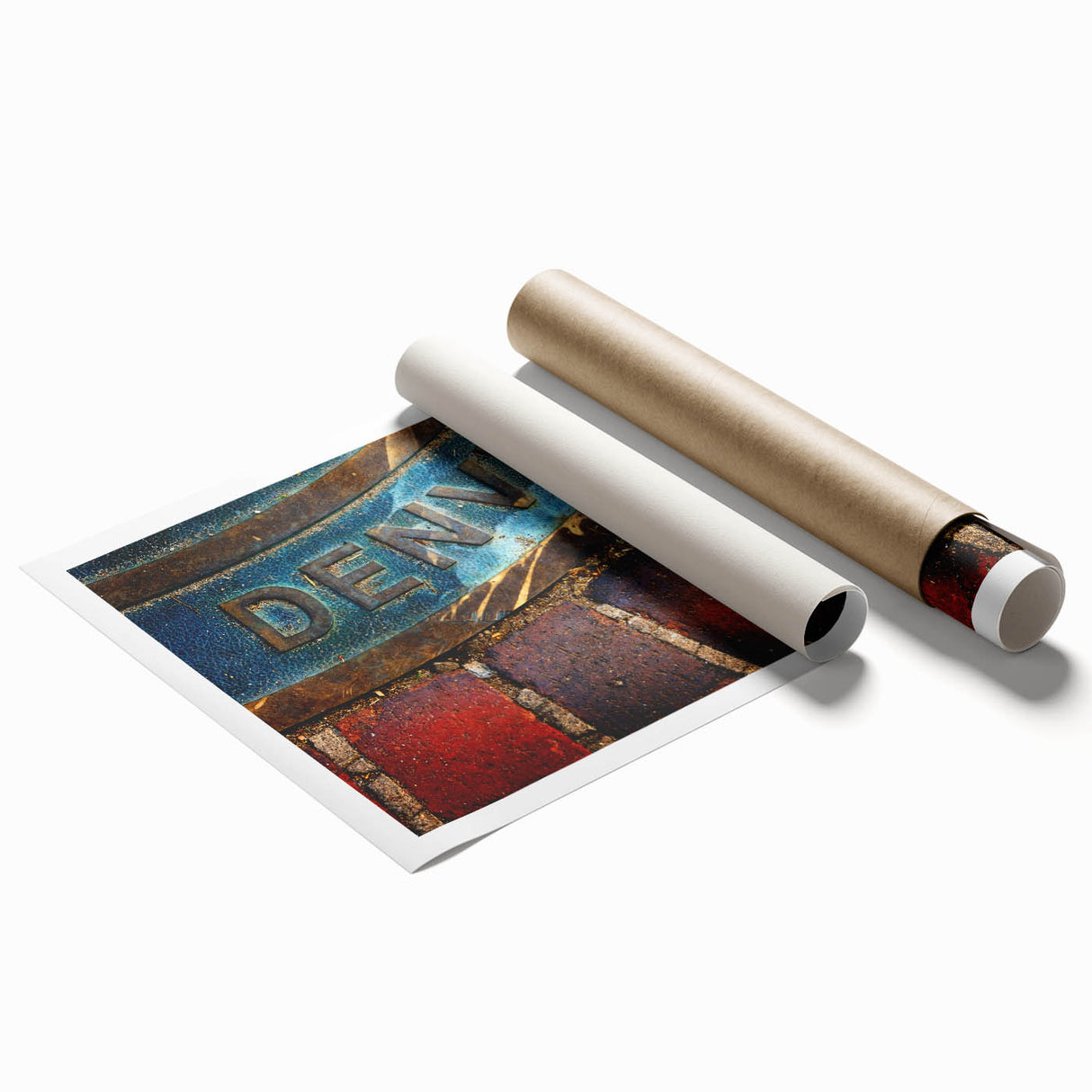 Extra large rolled print of Denver skyline with floral motifs in soft pastel shades, ideal for classy bathroom wall art.