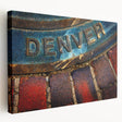 Denver skyline depicted in muted blue and gray tones on a large stretched canvas, suitable for kitchen wall art.