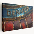 Denver skyline depicted in muted blue and gray tones on a large stretched canvas, suitable for kitchen wall art.