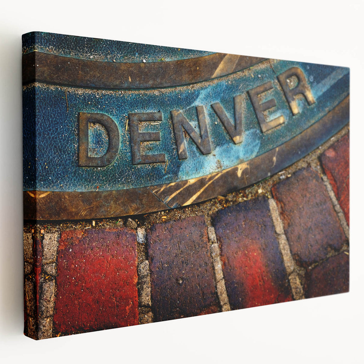 Denver skyline depicted in muted blue and gray tones on a large stretched canvas, suitable for kitchen wall art.