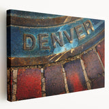 Denver skyline depicted in muted blue and gray tones on a large stretched canvas, suitable for kitchen wall art.
