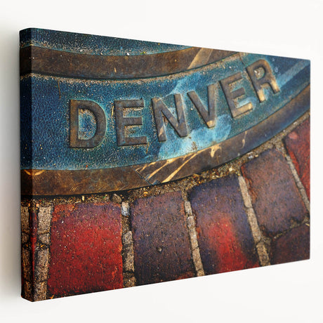 Denver skyline depicted in muted blue and gray tones on a large stretched canvas, suitable for kitchen wall art.