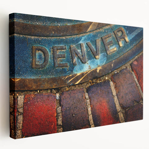 Denver skyline depicted in muted blue and gray tones on a large stretched canvas, suitable for kitchen wall art.