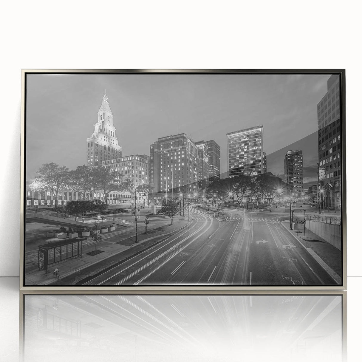 Mid-century modernist art depicting Connecticut scenery in muted colors on a framed acrylic.