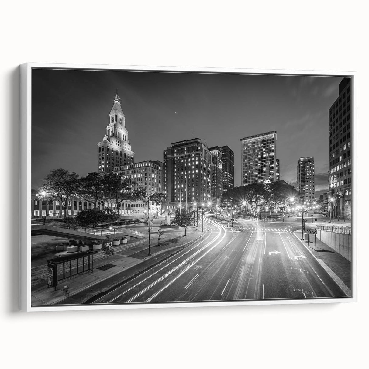 Vintage poster art of a Connecticut scenery on extra large framed canvas, featuring colorful art on a black background.