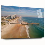 Large abstract wall art of Daytona scenery in muted blue and green tones on acrylic glass.