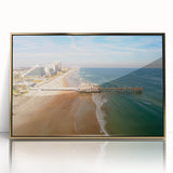 Framed acrylic print of Daytona scenery in mid-century modernist style, using a palette of soft gold tones.