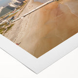 Art deco poster of Daytona scenery in muted blue and beige tones on rolled canvas, suitable for dining room wall art.