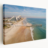 Daytona beach scene in muted blue and beige tones on stretched canvas, ideal for kitchen wall art.