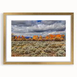 Extra large abstract art print of a textured Idaho landscape in muted earth tones, framed in gold.