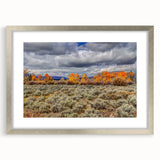 Textured abstract art print depicting a serene Idaho landscape in muted earth tones, framed with a silver mat.