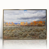 Large art print of Idaho scenery, mid-century modernist style in gold tones on framed acrylic.