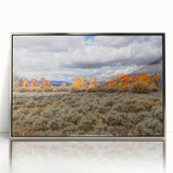 Mid-century modernist art depicting Idaho scenery in muted earth tones on a silver-framed acrylic print.