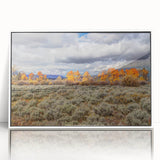 Art deco poster of Idaho scenery in muted earth tones on framed acrylic, suitable for modern nursery wall decor.