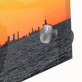 Large abstract depiction of Chicago skyline in muted blue and gray tones on acrylic glass, suitable for dining room art.