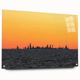 Acrylic print of a large abstract depiction of Chicago's skyline in cool blue tones.