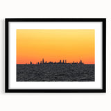 Abstract art print of Chicago skyline in vibrant colors on a large, textured canvas, ideal for living room decor.