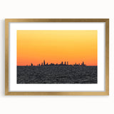Extra large wall art featuring an abstract depiction of Chicago's skyline in textured gold and black tones on a framed…