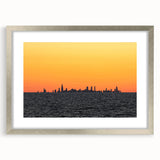 Textured abstract art print of Chicago skyline in muted gray tones on a framed canvas, suitable for bedroom decor.