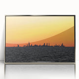 Mid-century modernist art depicting Chicago skyline in muted gray and blue tones on a silver-framed acrylic print.