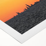 Art deco poster of Chicago skyline in muted blue tones on rolled canvas, suitable for dining room wall art.