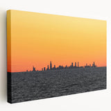 Large art print of the Chicago skyline in muted gray tones on stretched canvas, suitable for kitchen wall art.