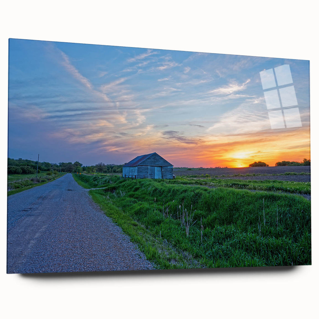 Large abstract wall art depicting a serene Iowa landscape in muted earth tones on acrylic glass.