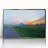 Mid-century modernist art depicting Iowa scenery in muted gold and green tones, framed acrylic print.