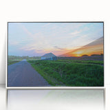 Art deco style poster depicting an acrylic print of Iowa scenery in a white frame, suitable for modern nursery wall decor.