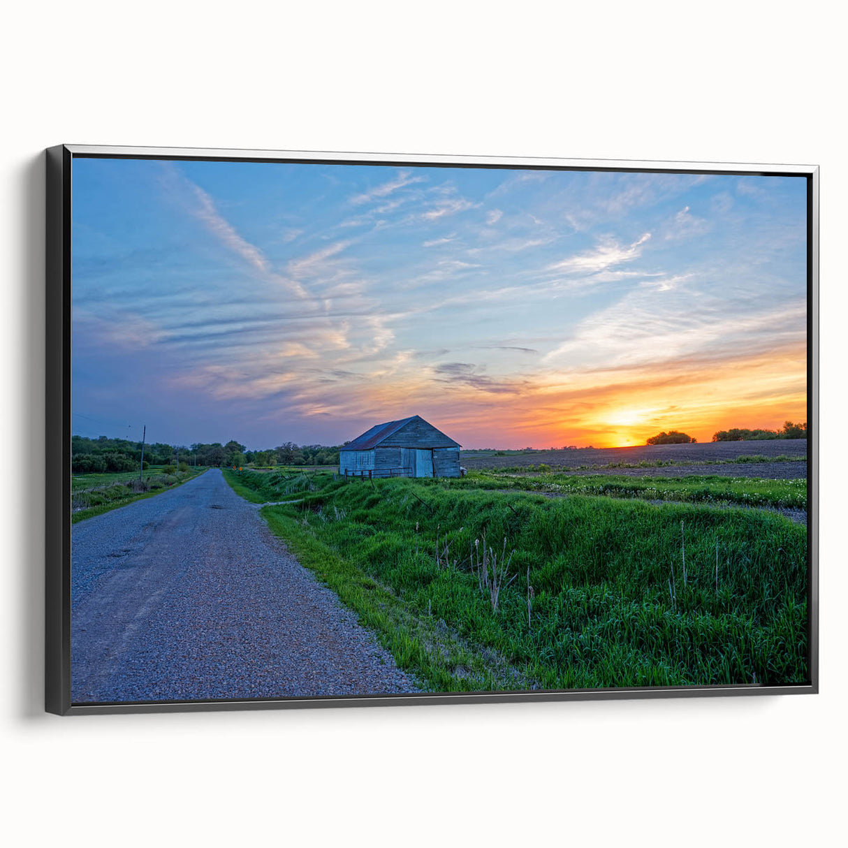 Black and white landscape art painting of Iowa scenery on framed canvas, ideal for bedroom wall art.