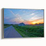 Landscape art painting of an Iowa scenery on a framed canvas, featuring vintage poster art with a black and colorful palette.