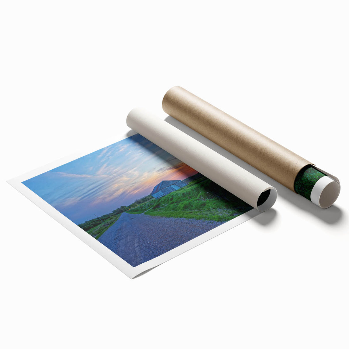 Extra large rolled print of Iowa scenery with floral elements in soft pastel shades, ideal for classy bathroom wall art.