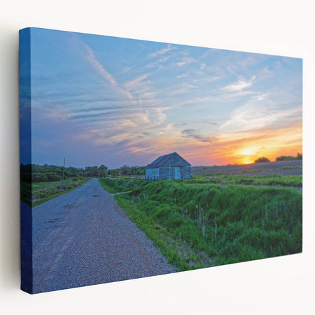 Stretched canvas depicting a serene Iowa landscape in muted earth tones, ideal for kitchen wall art.
