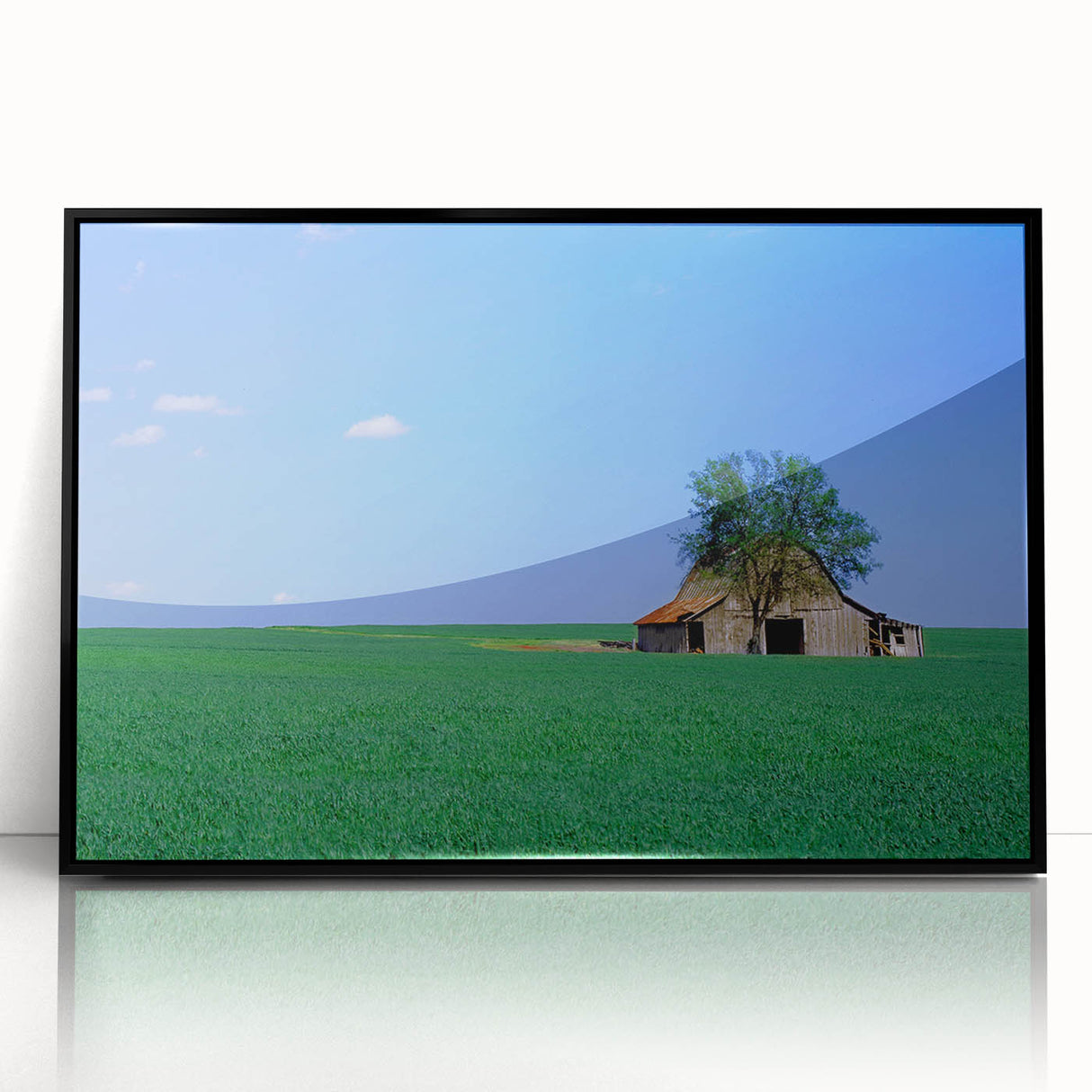 Large abstract wall art depicting Kentucky scenery in muted earth tones, framed in black acrylic.
