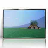 Mid-century modernist art depicting a serene Kentucky landscape in muted earth tones, framed in silver acrylic.