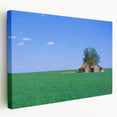 Large art depicting a serene Kentucky landscape on stretched canvas, with green and blue tones, ideal for kitchen wall art.