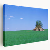 Large art depicting a serene Kentucky landscape on stretched canvas, with green and blue tones, ideal for kitchen wall art.