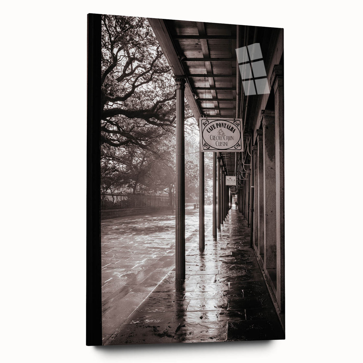 Acrylic print of a large abstract depiction of New Orleans in muted earth tones, ideal for bedroom or dining room art.