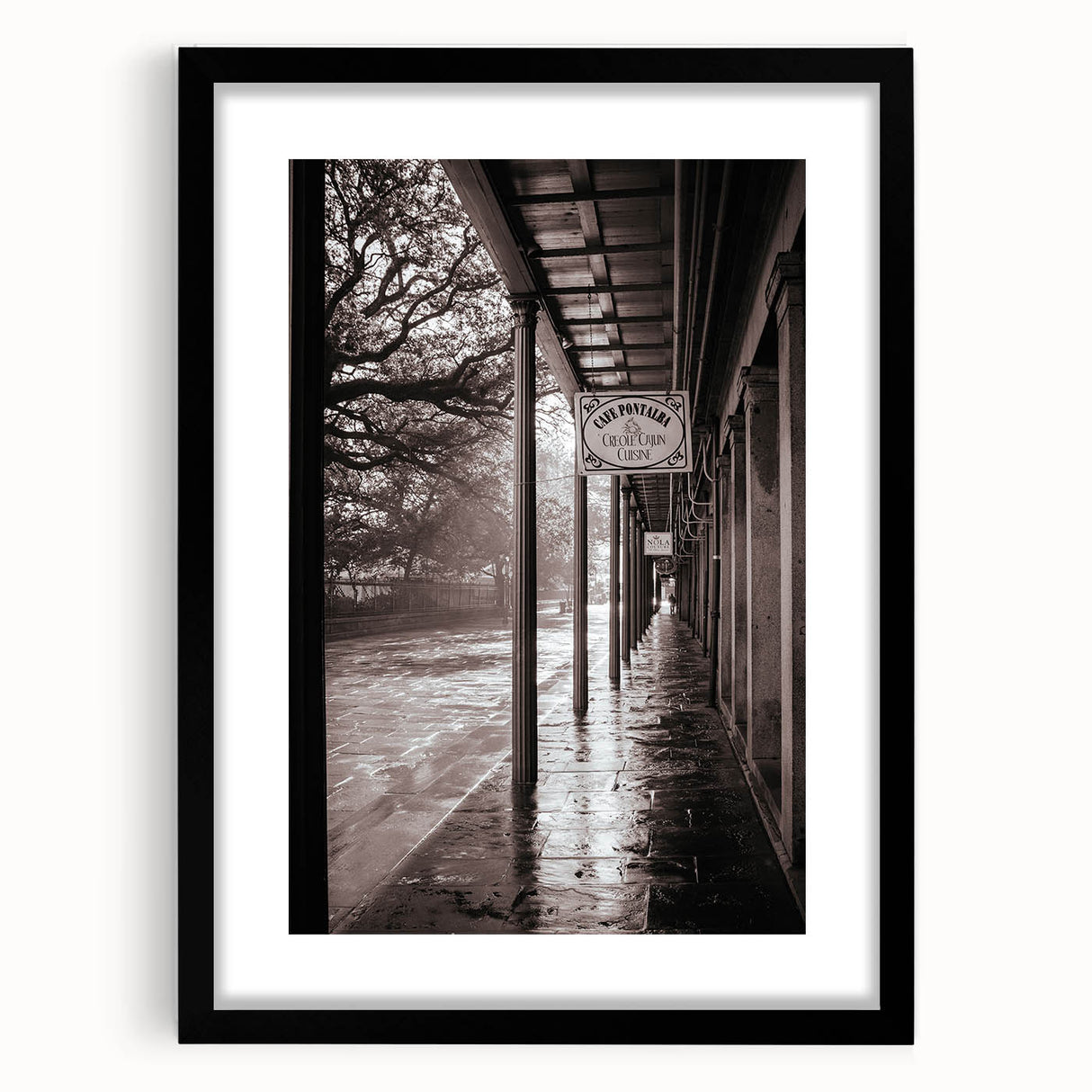 Extra large abstract art print of colorful, textured New Orleans scenery on a black framed canvas.