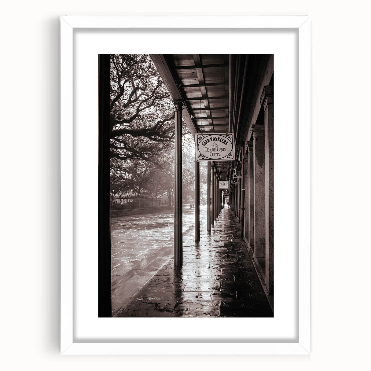 Abstract art print of New Orleans skyline in muted earth tones on a white-framed canvas, suitable for dining room decor.
