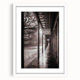 Abstract art print of New Orleans skyline in muted earth tones on a white-framed canvas, suitable for dining room decor.
