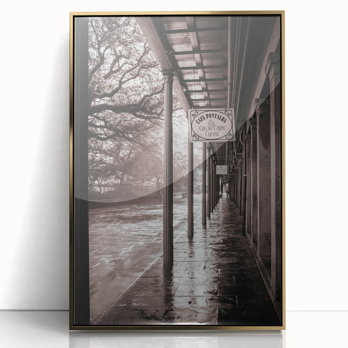 Acrylic print of New Orleans scenery in mid-century modernist style with gold frame, suitable for modern art wall decor.