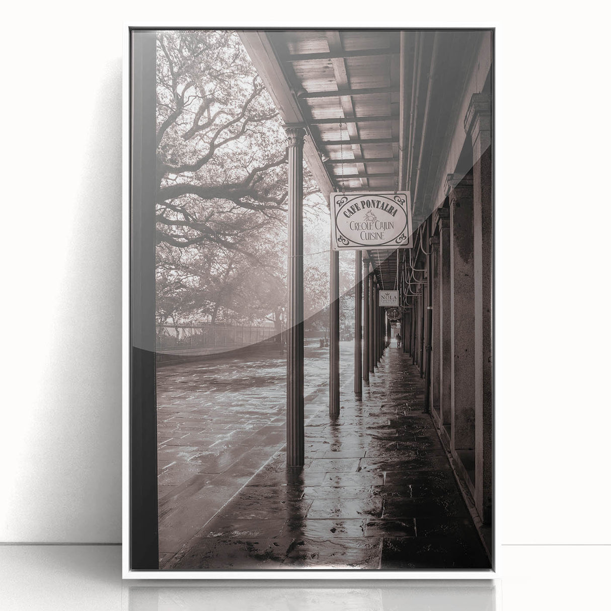 Framed acrylic print of New Orleans scenery in art deco style, with muted color tones, suitable for nursery wall art.
