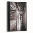 Black and white vintage poster art of a New Orleans landscape on framed canvas, ideal for bedroom wall decor.